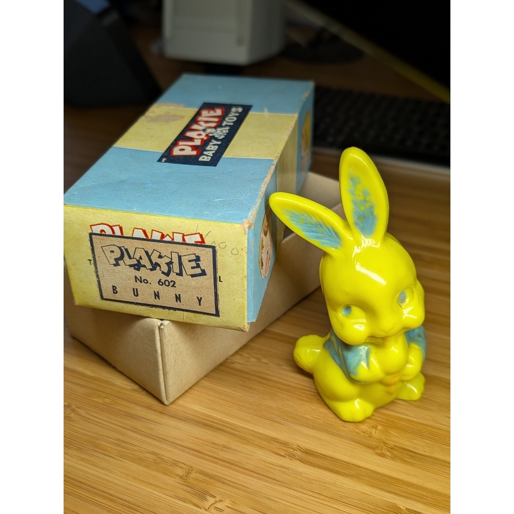 Vintage Plakie Irwin Hard Plastic Bunny Rabbit Rattle 1950s USA W/ Original Box